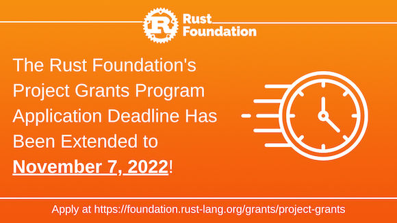 Orange gradient background with white rust foundation logo up top (letter "R" inside gear icon) with the following white bolded text: "The Project Grants Application Deadline has been extended to November, 7, 2022". To the right of this text is a white line graphic of a clock speeding by. This section is separated by a white horizonal line. Underneath the line is white text that says "Apply now: https://sky-winds.cloudvent.net/grants/project-grants"