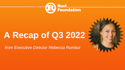 White Rust Foundation logo at top (letter "R" inside gear icon) with the following white bolded text heading: “Q3 2022 Update”. Italicized subheading in white reads “from Executive Director Rebecca Rumbul”. To the right, a circular frame with a zig-zag edge contains a headshot of Rebecca Rumbul.