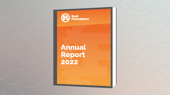 Graphic of a book with the title reading "Rust Foundation Annual Report 2022" against a grey gradient geometric background.