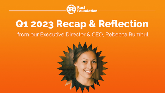 Heading: Q1 2023 Recap & Reflection Sub-heading: from our Executive Director & CEO, Rebecca Rumbul. Headshot of Rebecca Rumbul appears in a circular frame.